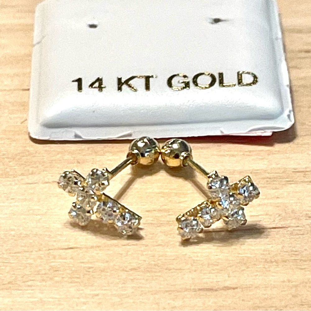 14K Gold Cz Cross Stud Earrings -with Ball Screw Back
